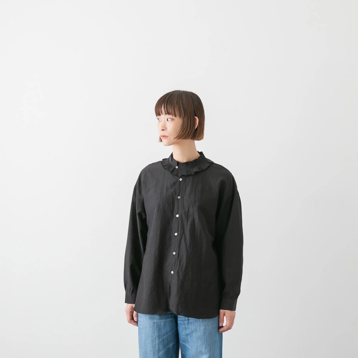 UNIVERSAL SEVEN ユニヴァーサル セヴン コットン キュプラ リネン タック フリルカラー ブラウス 3色  US264BL026