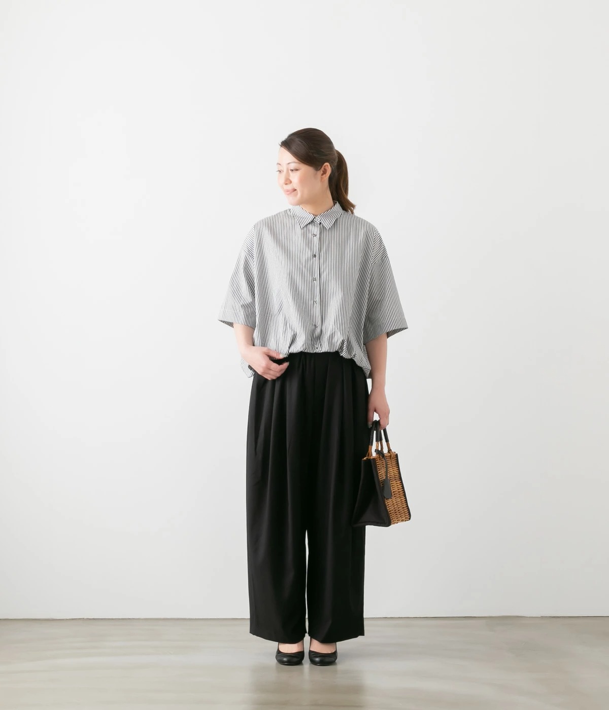 8/2まで　mizuiro ind ストライプハーフスリーブバルーンシャツ mizuiro ind ミズイロインド ストライプ ハーフスリーブ バルーン