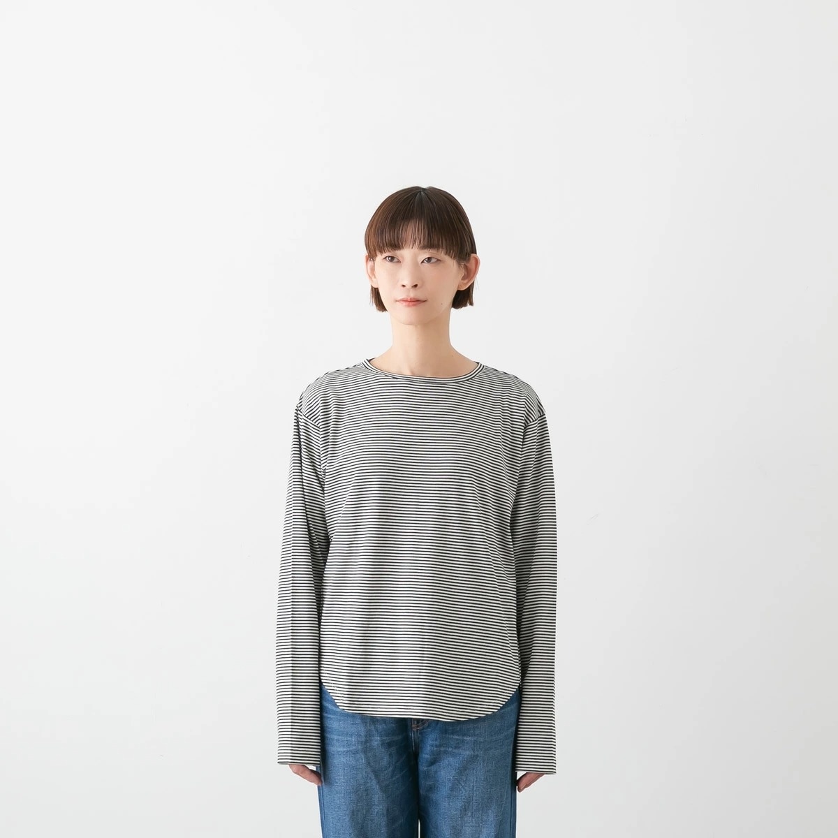 maomade マオメイド 細細 ボーダー ラウンドヘム TEE 長袖 カットソー 5色 641201B