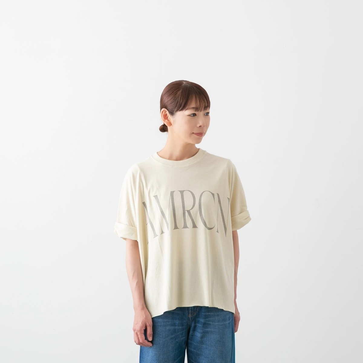 Americana アメリカーナ クロップド ワイド ロールアップ ロゴ Tシャツ