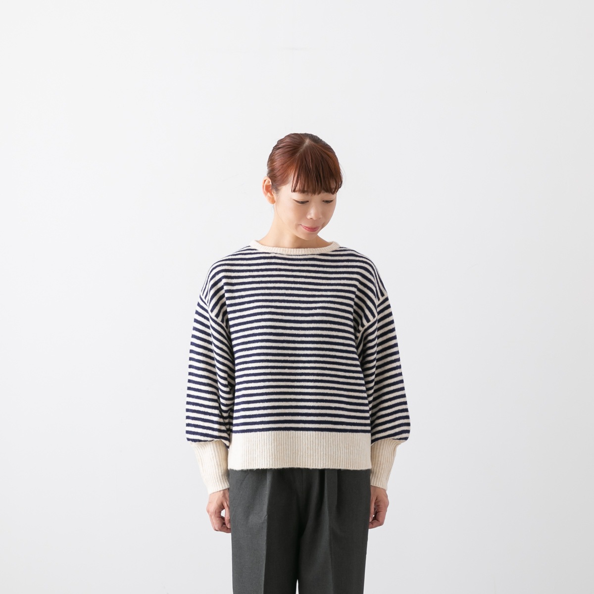maomade マオメイド マシュマロ ヤーン 細しましま ボリュームスリーブ プルオーバー 441142