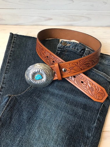 ＜Indian Silver Belt＞Turquoise Oval Concho Belt