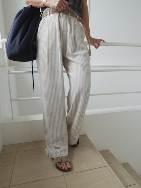 ＜select＞stripe linen tuck wide easy pants