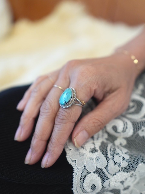 ＜Indian Jewelry＞ asymmetry turquoise silver frame ring