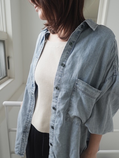 ＜select＞tencel denim shirring cuff hirt