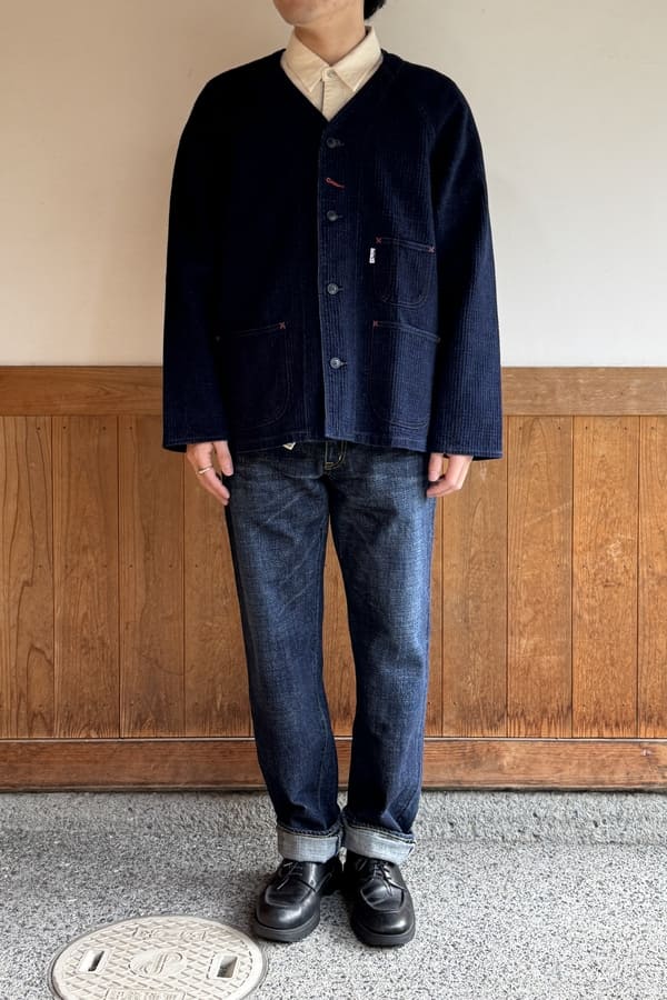 BlueTrick】 ノーカラージャケット インディゴスターワッフル（ユニ