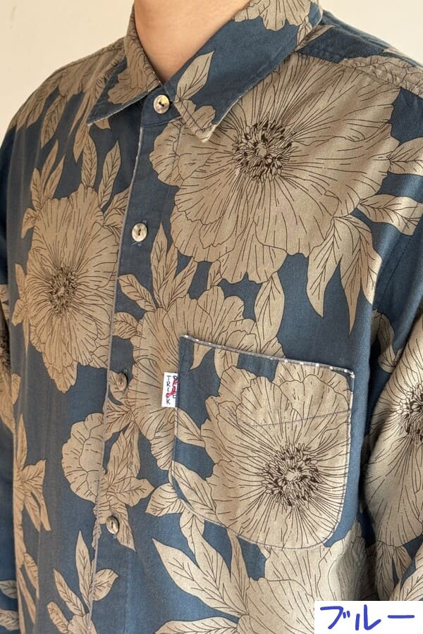 【BlueTrick】台衿シャツ 花大プリント ブラック/ブルー(メンズ)