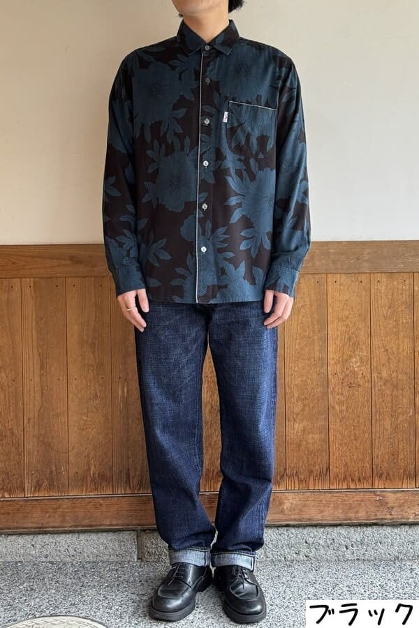 【BlueTrick】台衿シャツ 花大プリント ブラック/ブルー(メンズ)