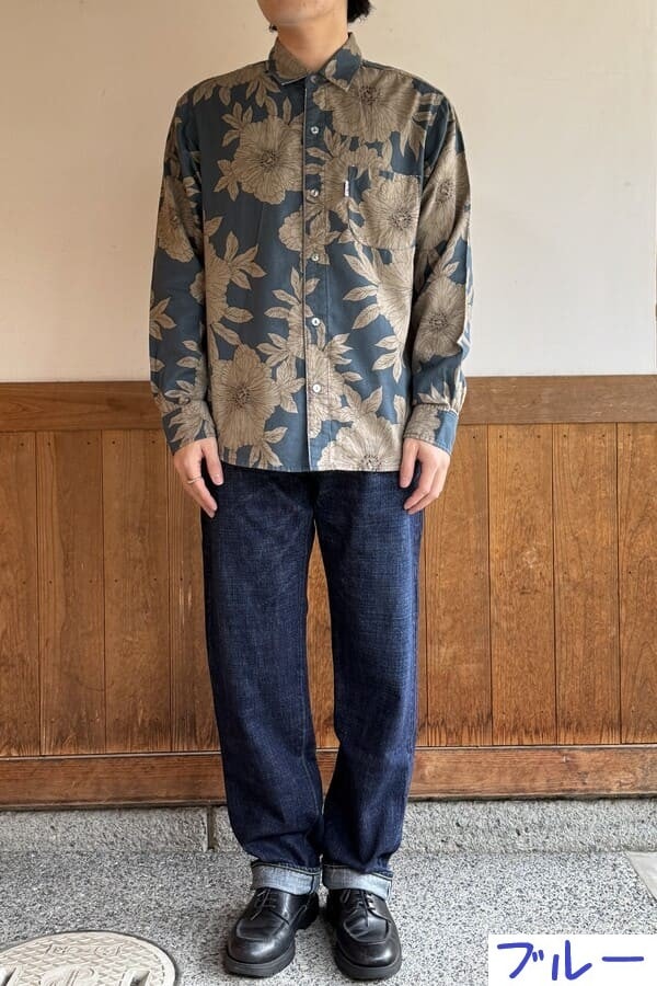 【BlueTrick】台衿シャツ 花大プリント ブラック/ブルー(メンズ)