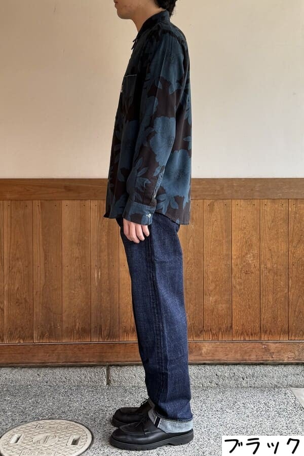 【BlueTrick】台衿シャツ 花大プリント ブラック/ブルー(メンズ)