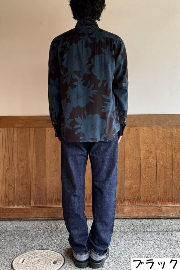 【BlueTrick】台衿シャツ 花大プリント ブラック/ブルー(メンズ)