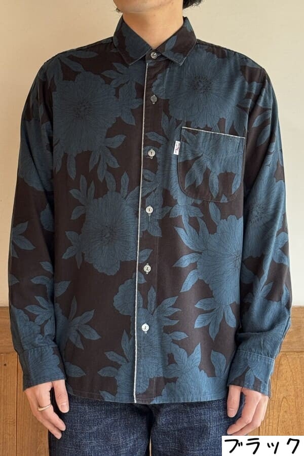 【BlueTrick】台衿シャツ 花大プリント ブラック/ブルー(メンズ)