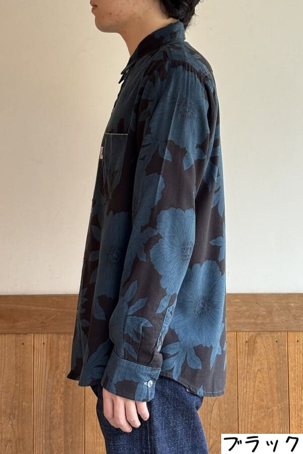 【BlueTrick】台衿シャツ 花大プリント ブラック/ブルー(メンズ)