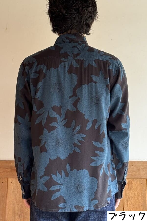 【BlueTrick】台衿シャツ 花大プリント ブラック/ブルー(メンズ)