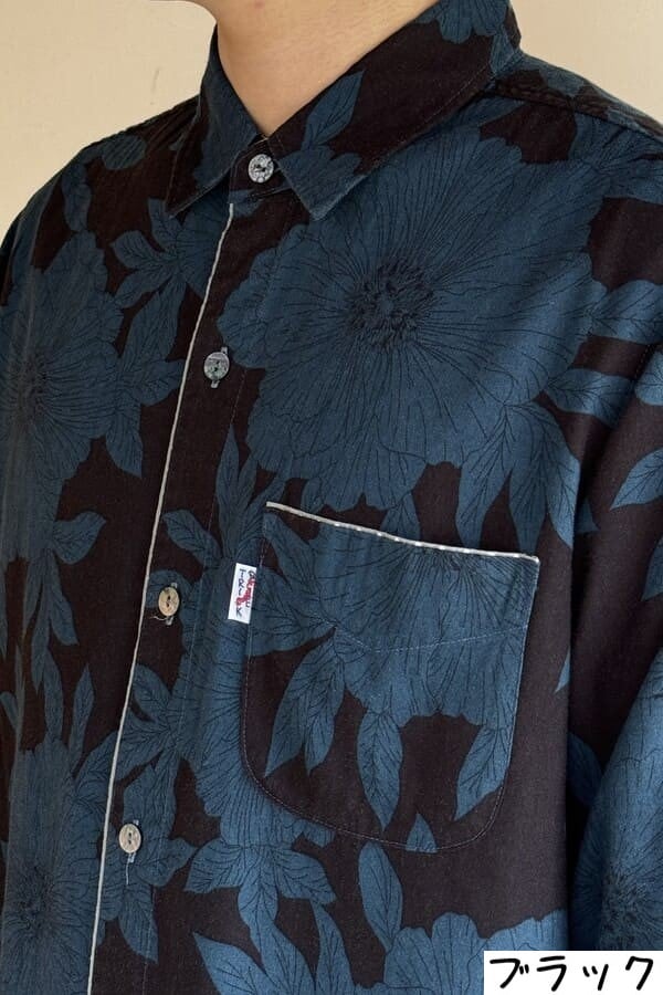 【BlueTrick】台衿シャツ 花大プリント ブラック/ブルー(メンズ)