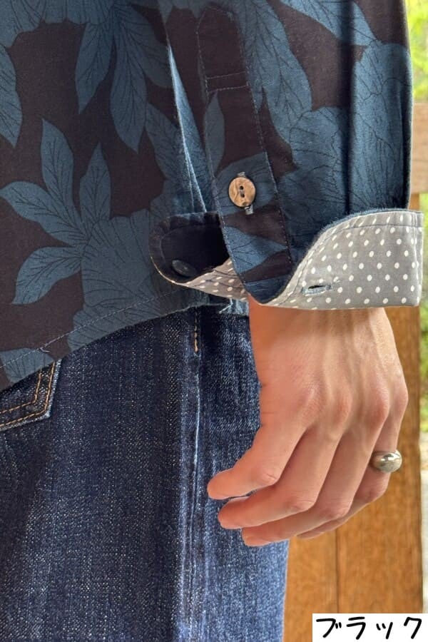 【BlueTrick】台衿シャツ 花大プリント ブラック/ブルー(メンズ)