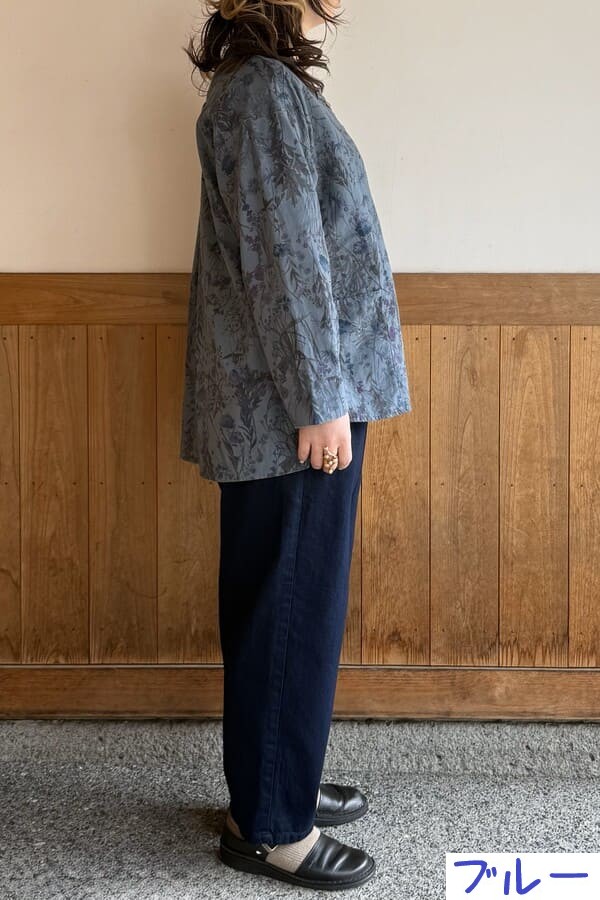 【BlueTrick】 バンドブラウス花プリント カーキ/ブルー(レディース)