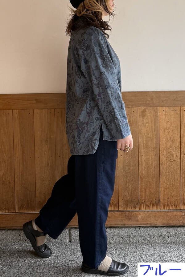 【BlueTrick】 バンドブラウス花プリント カーキ/ブルー(レディース)