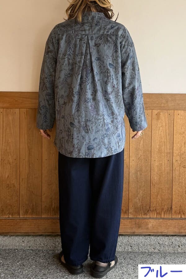 【BlueTrick】 バンドブラウス花プリント カーキ/ブルー(レディース)