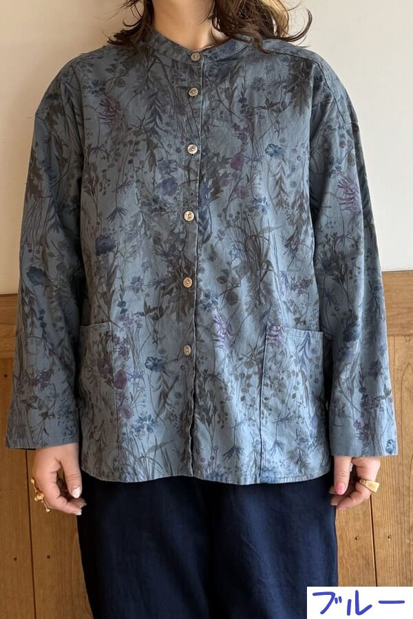 【BlueTrick】 バンドブラウス花プリント カーキ/ブルー(レディース)