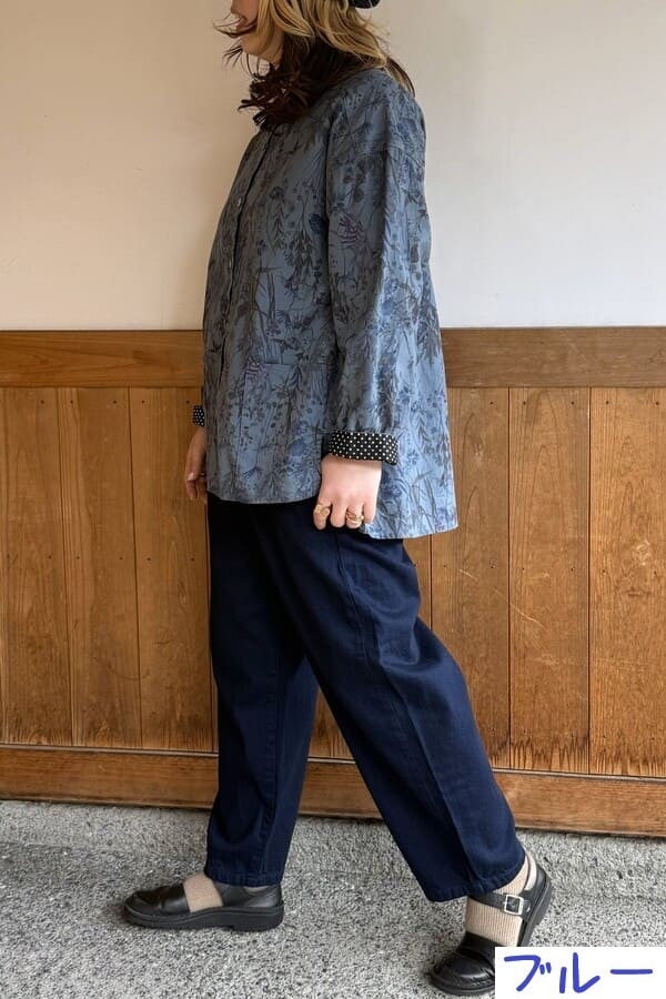 【BlueTrick】 バンドブラウス花プリント カーキ/ブルー(レディース)