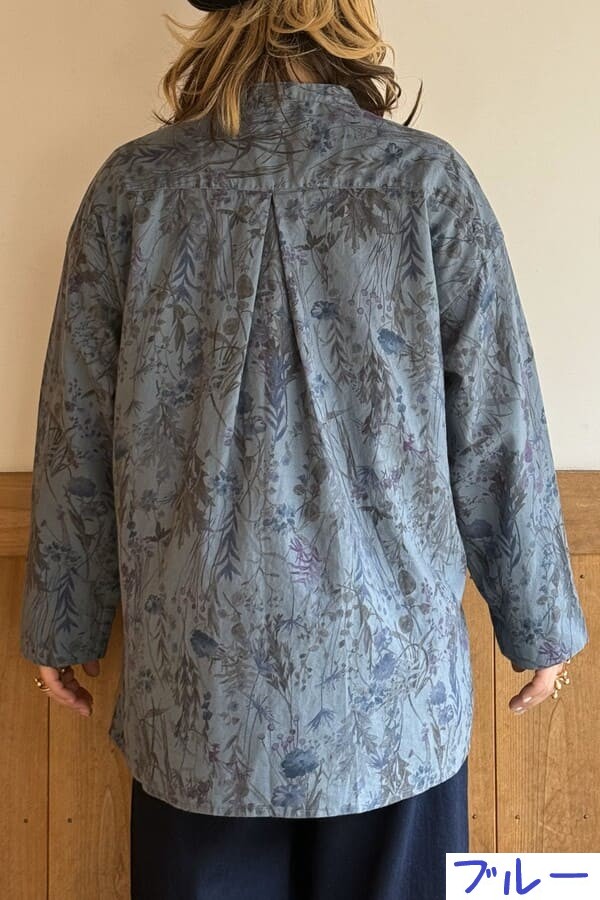 【BlueTrick】 バンドブラウス花プリント カーキ/ブルー(レディース)