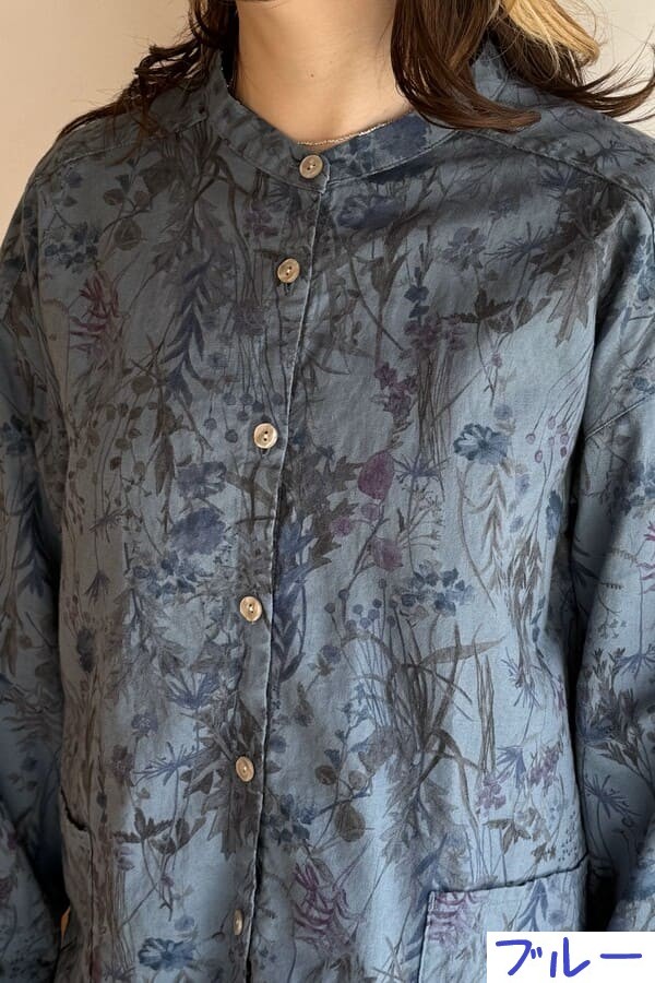 【BlueTrick】 バンドブラウス花プリント カーキ/ブルー(レディース)