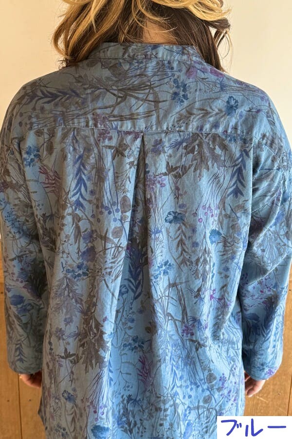 【BlueTrick】 バンドブラウス花プリント カーキ/ブルー(レディース)