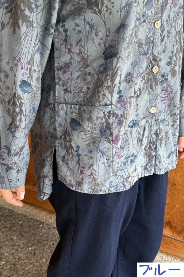 【BlueTrick】 バンドブラウス花プリント カーキ/ブルー(レディース)