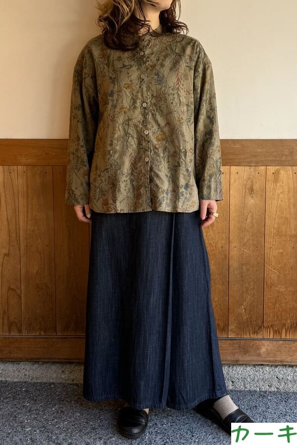 【BlueTrick】 バンドブラウス花プリント カーキ/ブルー(レディース)