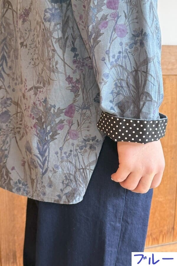【BlueTrick】 バンドブラウス花プリント カーキ/ブルー(レディース)