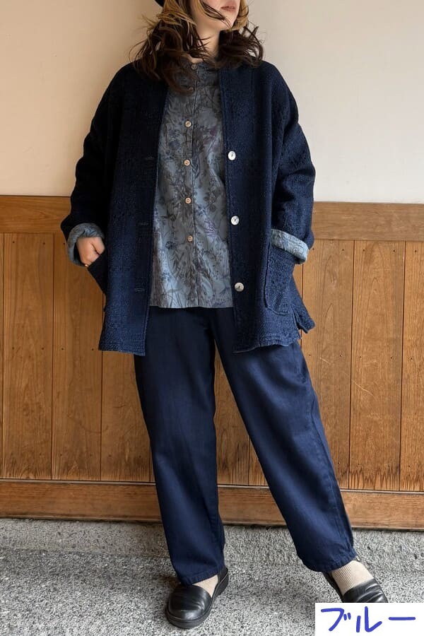 【BlueTrick】 バンドブラウス花プリント カーキ/ブルー(レディース)