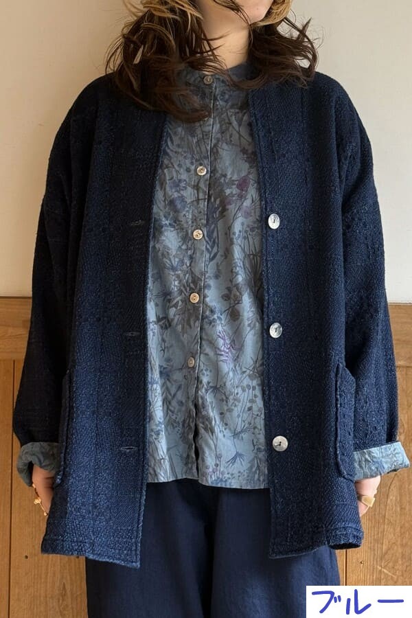 【BlueTrick】 バンドブラウス花プリント カーキ/ブルー(レディース)