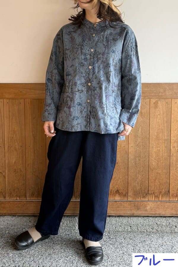 【BlueTrick】 バンドブラウス花プリント カーキ/ブルー(レディース)