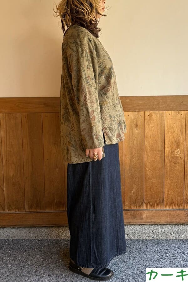 【BlueTrick】 バンドブラウス花プリント カーキ/ブルー(レディース)