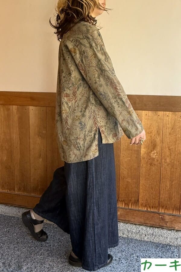 【BlueTrick】 バンドブラウス花プリント カーキ/ブルー(レディース)