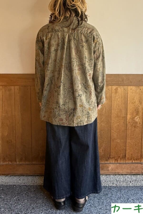 【BlueTrick】 バンドブラウス花プリント カーキ/ブルー(レディース)