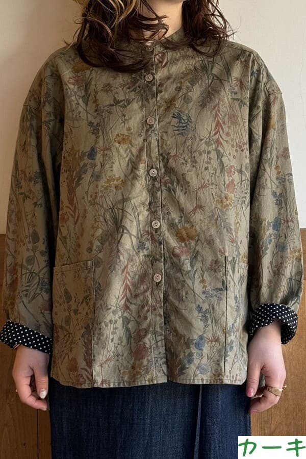 【BlueTrick】 バンドブラウス花プリント カーキ/ブルー(レディース)