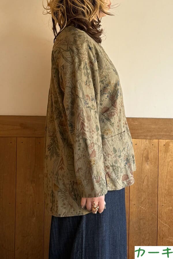 【BlueTrick】 バンドブラウス花プリント カーキ/ブルー(レディース)