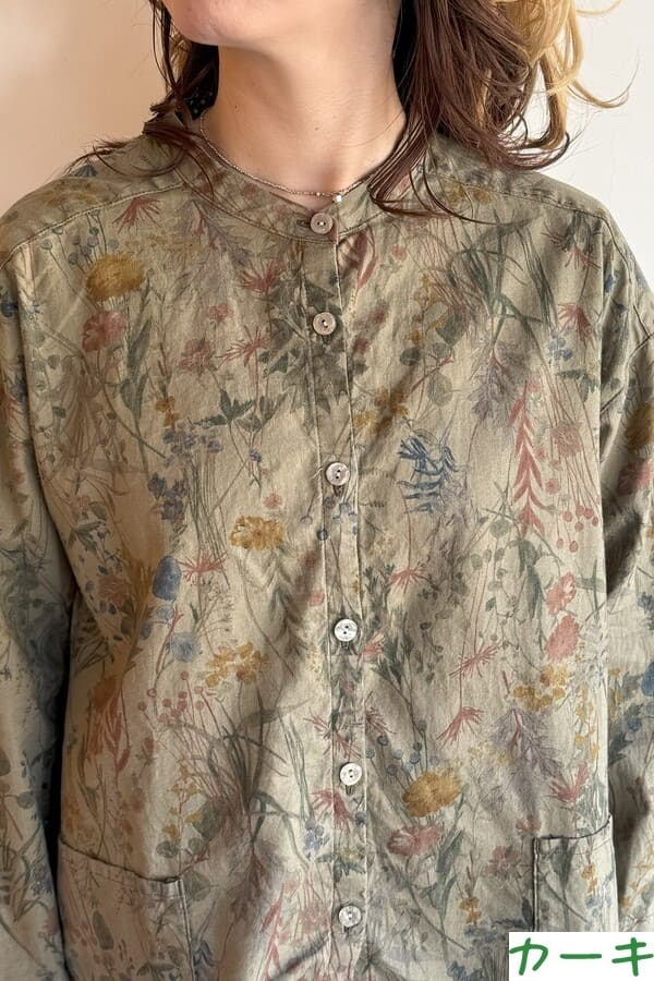 【BlueTrick】 バンドブラウス花プリント カーキ/ブルー(レディース)