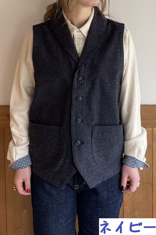 【BlueTrick】ジャズネップへリンボン ショールカラーベスト (ユニセックス)