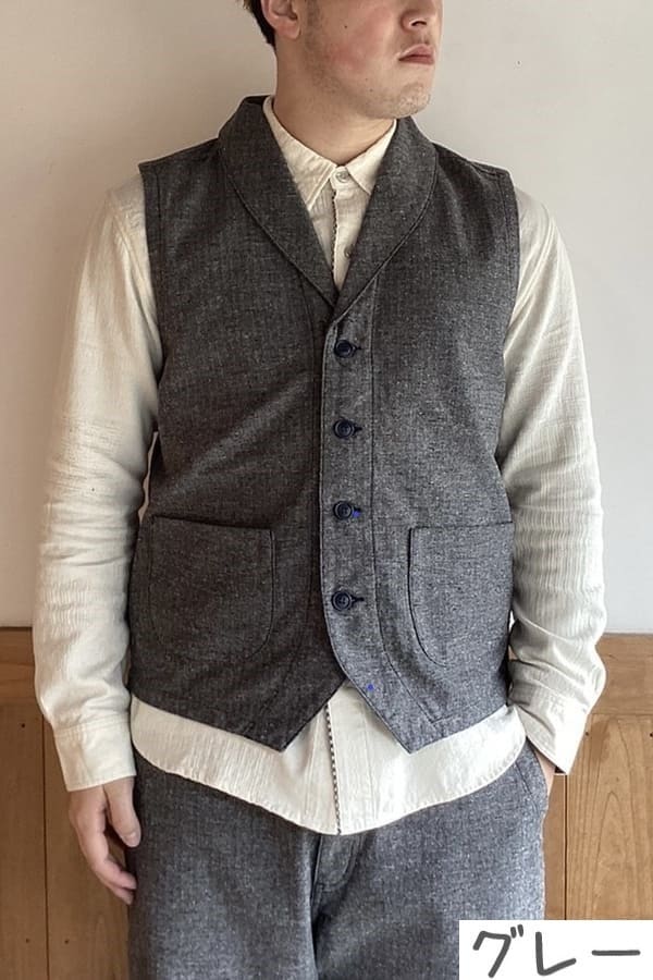 【BlueTrick】ジャズネップへリンボン ショールカラーベスト (ユニセックス)