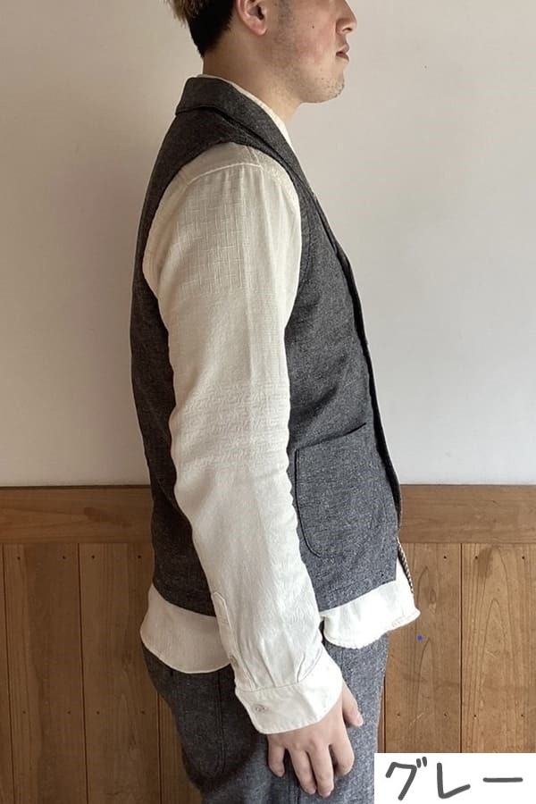 【BlueTrick】ジャズネップへリンボン ショールカラーベスト (ユニセックス)