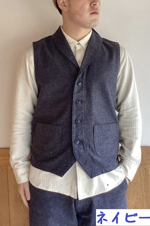 【BlueTrick】ジャズネップへリンボン ショールカラーベスト (ユニセックス)