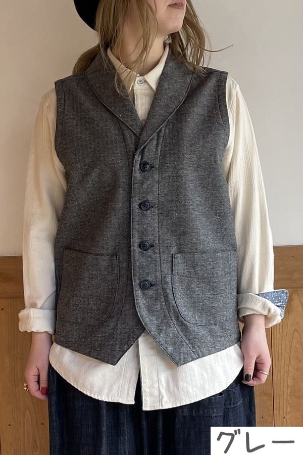 【BlueTrick】ジャズネップへリンボン ショールカラーベスト (ユニセックス)