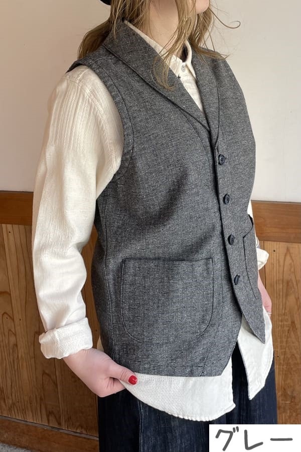 【BlueTrick】ジャズネップへリンボン ショールカラーベスト (ユニセックス)