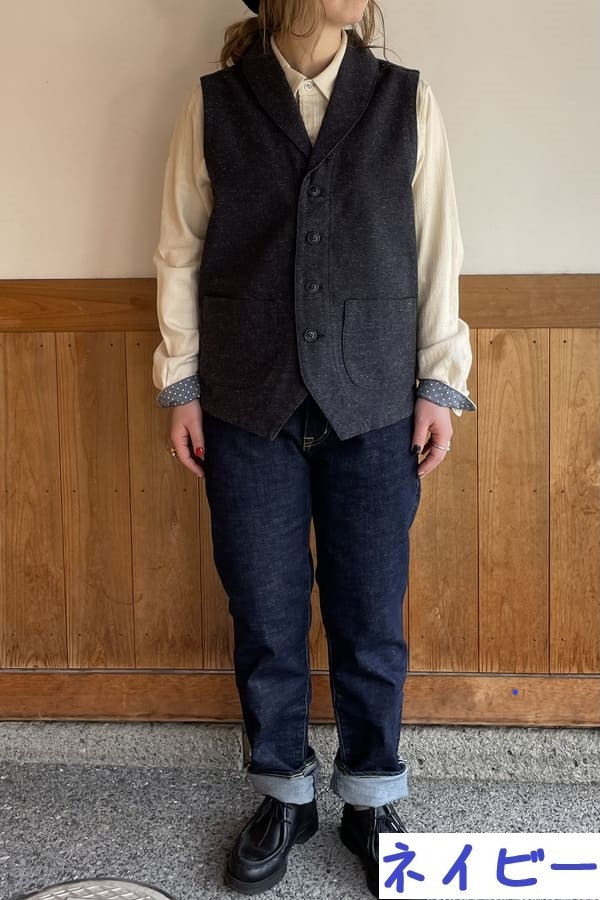 【BlueTrick】ジャズネップへリンボン ショールカラーベスト (ユニセックス)