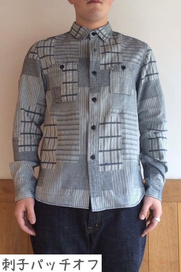 BlueTrick】 メンズワークシャツ 刺子パッチ ID/オフ（メンズ