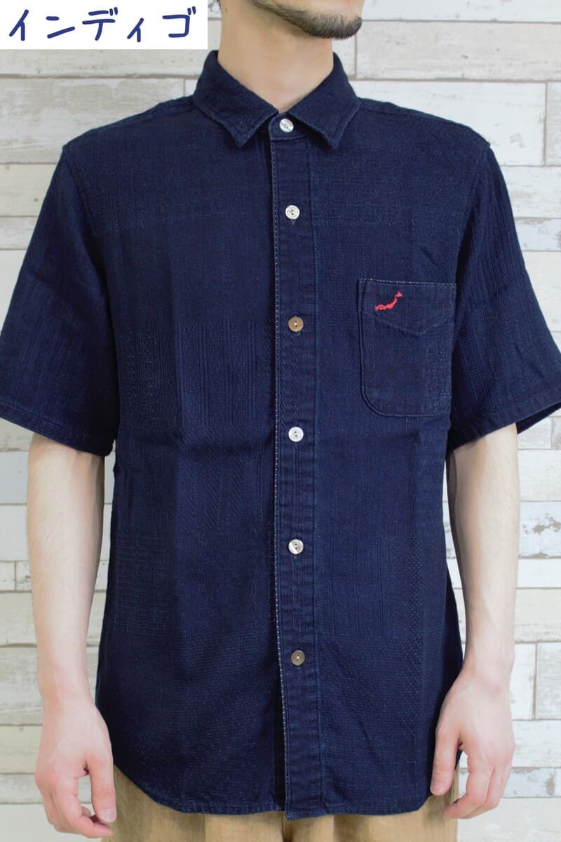 KAPITAL 江戸縞 天竺 藍染め　パッチワーク　インディゴ　ポロ　半袖シャツ KAPITAL 江戸縞 天竺 藍染め パッチワーク インディゴ ポロ 半袖