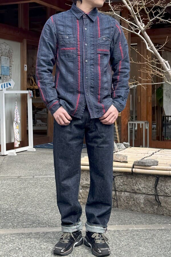 【BlueTrick】刺子ストライプワークシャツ(メンズ)